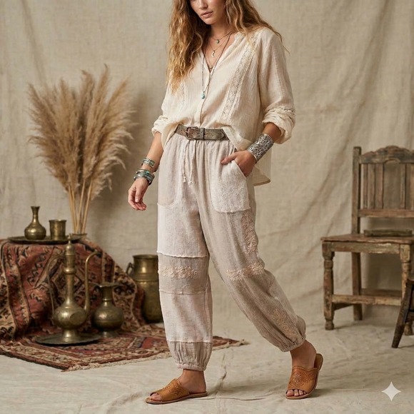 POL Womens Boho Patchwork Embroidered Waffle Knit Jogger Pants Beige Small FKP91 - Picture 3 of 6